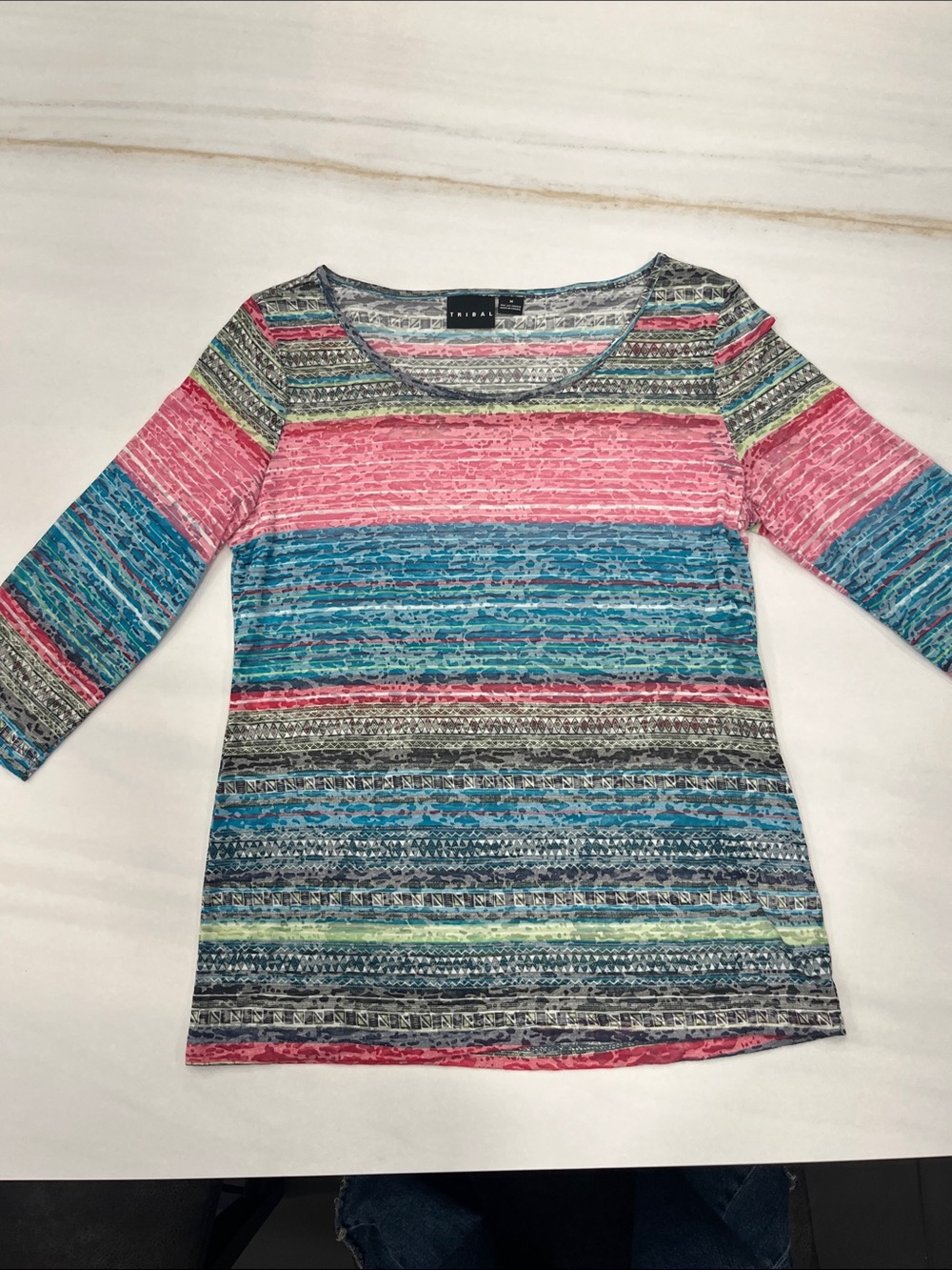 Tribal Pink, Teal & Gray Striped Scoop Neck Top